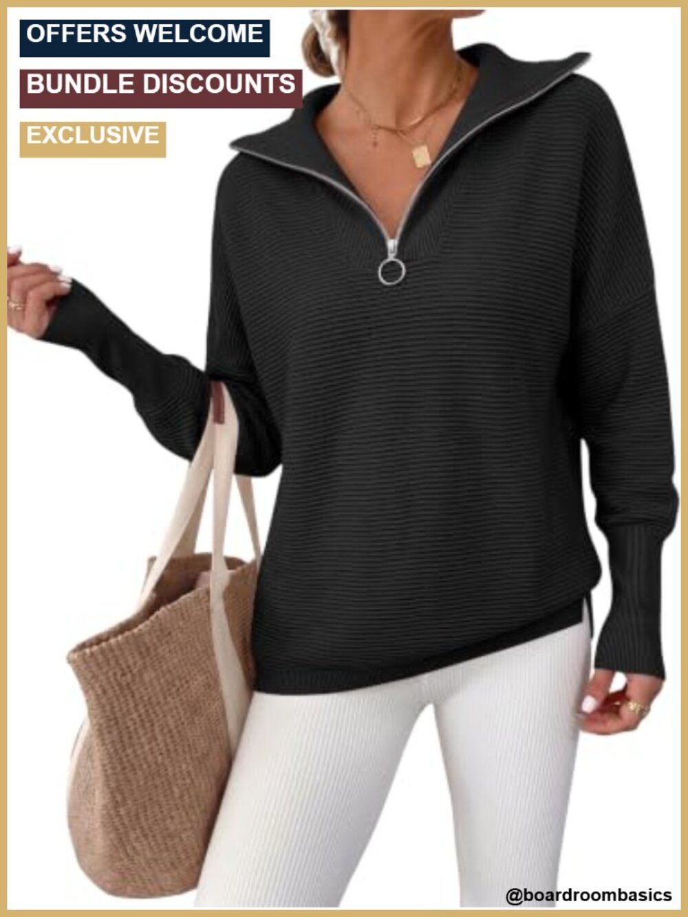 Women's Oversized Quarter Zip Pullover Sweater Long Sleeve V-Neck